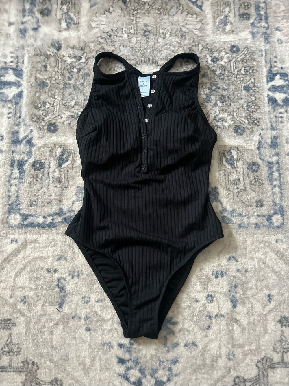 Shade & Shore Black Ribbed Button-Front One-Piece